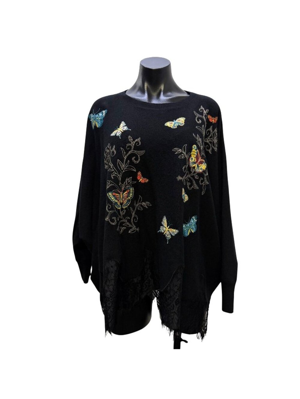 Johnny Was Lace Butterfly Pullover Black Multi L/XL